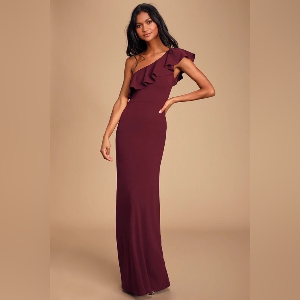 Lulus Last Forever One-Shoulder Ruffle Maxi Dress (Burgundy)